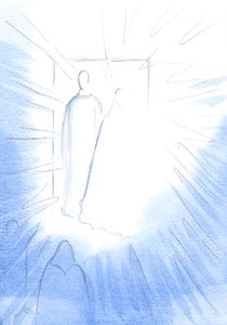 Himlens dør åbnede sig, i bøn, på et særligt jubilæum, for at afsløre himlens venner og himlens herlighed, 2002 (w/c på papir) af Elizabeth Wang