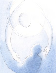 Hvor stor er Faderens kærlighed til den angrende sjæl, da Gud omfavner sjælen i én hurtig, øm bevægelse af tilgivelse., 2001 (w/c på papir) af Elizabeth Wang