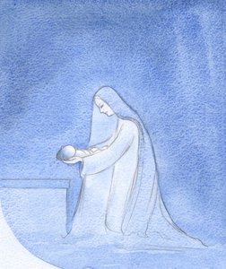 Hvor enkelt lagde Mary, knælende, sin baby ned for at sove, uden at bekymre sig om tanker om sin egen privilegerede rolle., 2001 (w/c på papir) af Elizabeth Wang