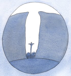 Hvor lille, isoleret eller forfulgt vores samfund end måtte være, er Kristus iblandt os ved messen, som i en kløft, 2001 (w/c på papir) af Elizabeth Wang
