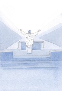 Jeg så Kristus efter indvielsen. Han stod foran alteret med løftede hænder og bad sine præstelige bønner (også vores) til Faderen ovenover., 2001 (w/c på papir) af Elizabeth Wang