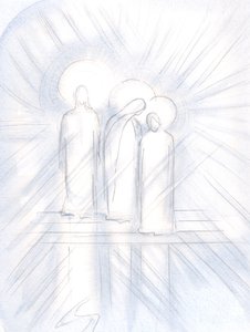 Jeg så tydeligt Jesus, hans hellige moder ved hans side og Saint Joseph ved siden af hende. Kristus giver dem til os, som hjælpere og eksempler, 2000 (w/c på papir) af Elizabeth Wang