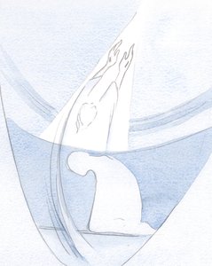 Jeg så, hvordan Kristi liv og offer gennemborer selve himlen og åbner en vej, hvor vi kan følge, for at dele hans herlighed., 2000 (w/c på papir) af Elizabeth Wang