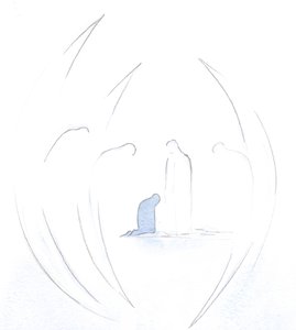 Jeg så, hvordan de hellige engle bøjer sig ærbødigt ved Kristi tilstedeværelse i sjælen i Holy Communion., 2000 (w/c på papir) af Elizabeth Wang