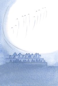 Jeg så rang efter rang af væsener, der priste Gud i herlighed, og vi var alle omgivet af kærlighedens Ånd, 2000 (w/c på papir) af Elizabeth Wang