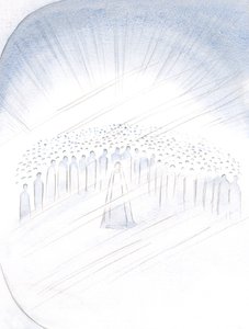 Jeg så de hellige støde, som det var, for det privilegium at hjælpe os, med Jomfru Maria i deres centrum, 2000 (w/c på papir) af Elizabeth Wang