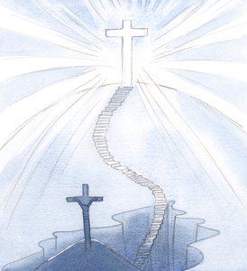 Jeg så trappen til glæde og et oplyst kors, nu vores hellige og strålende symbol, plantet i himlen, 2000 (w/c på papir) af Elizabeth Wang