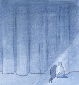 Jeg blev hjulpet og beroliget, der i mørket, af Kristi stille kammeratskab på denne side af sløret., 2001 (w/c på papir) af Elizabeth Wang