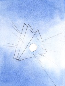 Jeg blev vist et symbol på den hellige treenighed: tre trekanter med en ild som smeltet lava (der repræsenterer guddommelig kærlighed) i hjertet af hver, 2003 (w/c på papir) af Elizabeth Wang