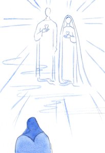 Jeg blev vist de to hjerter: af den syndfrie Kristus og af hans ubesmittede mor, i himlens strålende lys, 2002 (w/c på papir) af Elizabeth Wang