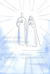 Jeg blev vist de to hjerter: af den syndfrie Kristus og af hans ubesmittede mor, i himlens strålende lys, 2002 (w/c på papir) af Elizabeth Wang
