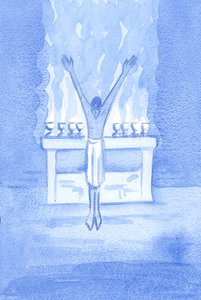 Hvis Kristus - med ærbødighed - tilbyder ydmyg lovprisning til Faderen, tør nogen på jorden prise med mindre ærbødighed?, 2002 (w/c på papir) af Elizabeth Wang