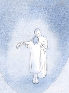 Hvis vi bliver ét med Kristus i lidelse (tålmodigt båret) bliver vi ét med ham i bøn, 2000 (w/c på papir) af Elizabeth Wang