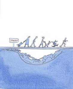 Hvis vi nægter at følge Kristi og hans kirkes lære og føre umoralske liv, er vi som mennesker, der ignorerer et "fare"-skilt og går over en vej, hvor der er alvorlige nedsynkninger, 2004 (w/c) af Elizabeth Wang