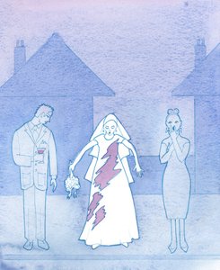 Forestil dig, hvor flov en brud ville være, hvis kjole var blevet plettet af en spildt drink, og som så tænkte på sin gang mod alteret, 2003 (w/c på papir) af Elizabeth Wang