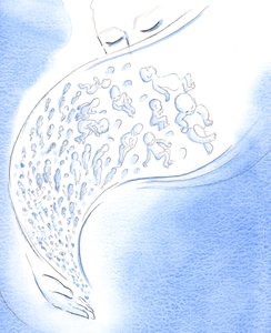 I Guds øjne er små babyer, der dør - før fødslen eller efter - som stjerneskud, der blusser kort og derefter falder ned fra himlen, 2002 (w/c på papir) af Elizabeth Wang