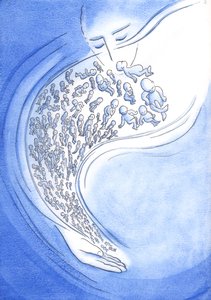 I Guds øjne er små babyer, der dør - før fødslen eller efter - som stjerneskud, der blusser kort og derefter falder ned fra himlen, 2002 (w/c på papir) af Elizabeth Wang