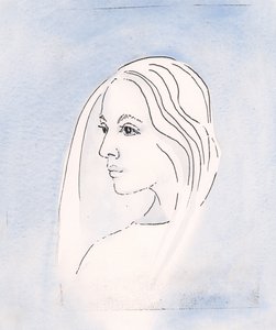 I himlen deler Jomfru Maria sin søns bekymring for alt, hvad der sker på jorden, 2000 (w/c på papir) af Elizabeth Wang