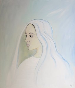 I himlen deler Jomfru Maria sin søns bekymring for alt, hvad der sker på jorden, 2000 (olie om bord) af Elizabeth Wang
