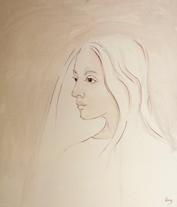 I himlen deler Jomfru Maria sin søns bekymring for alt, hvad der sker på jorden, 2000 (olie om bord) af Elizabeth Wang