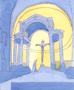 I Westminster Cathedral og i enhver katolsk kirke bliver Golgata-offeret genfremsat til vores frelse ved messen 2004 (w/c på papir) af Elizabeth Wang