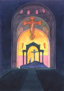 I Westminster Cathedral og i enhver katolsk kirke bliver Golgata-offeret genfremsat til vores frelse ved messen 2004 (w/c på papir) af Elizabeth Wang