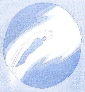 Som svar på bøn flyver en engel til en trofast ven af Jesus sjæl og løfter ham hurtigt for at hilse på Jesus i himlen., 2001 (w/c på papir) af Elizabeth Wang