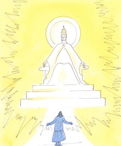 I tro kan vi se et flammende lys, højt oppe i kirken over helligdommen, 2004 (w/c på papir) af Elizabeth Wang