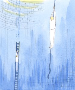 I forbøn er det, som om Gud tillader en person at gå ned på et reb for at redde en anden person, der er strandet i en dyb skakt under jorden, 2004 (w/c på papir) af Elizabeth Wang