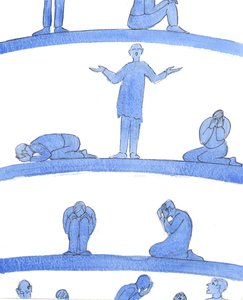 I skærsildens lavere dybder er sjæle - som desperate mennesker i et middelalderligt fangehul, der klemmer sig tæt på væggene - som ikke har nogen til at bede for dem., 2004 (w/c på papir) af Elizabeth Wang