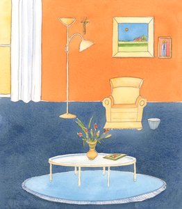 Det er ikke nødvendigt for alle at leve i dystre, farveløse, puritanske omgivelser, som om vi ved nøjsomhed og enkelhed kan bevise vores kærlighed til Gud og de fattige, 2005 (akvarel på papir). af Elizabeth Wang