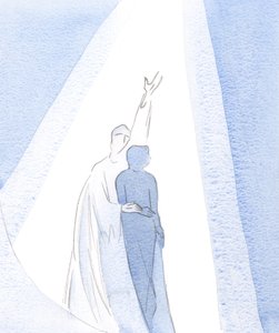 Det er kun ved Kristi kraft og vilje, at vi kan undslippe distraktioner, at gennembore Himlen i ubesværede bønner., 2001 (w/c på papir) af Elizabeth Wang