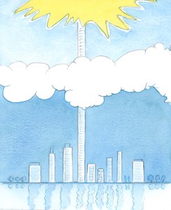 Det er gennem tillid til Gud og lydighed mod hans kirke, at nogen kan bringes som om til toppen af en bygning, der når så langt som til Himlen, 2003 (w/c på papir) af Elizabeth Wang