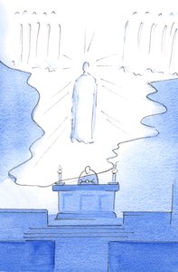 Det var, som om selve himlens gulv blev forlænget over alteret, så Kristus var til stede både i himlen og på alteret, 2003 (w/c på papir) af Elizabeth Wang