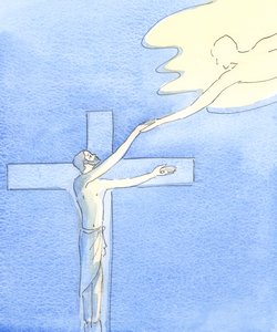 Det var på Golgata, at Kristus lavede en bro, hvorved alle, der kommer til ham, kan nå Himlen; og det er ved messen, vi finder Golgata, 2002 (w/c på papir) af Elizabeth Wang