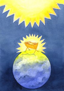 Jesus Kristus er gudskabt menneske; alligevel kom han til jorden ikke med magt, men som en hjælpeløs baby, 2001 (w/c på papir) af Elizabeth Wang
