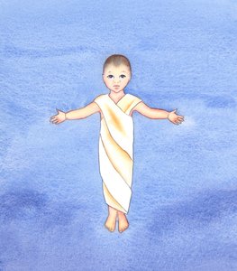 Jesus Kristus er sand Gud, som påtog sig vores menneskelige natur og havde ydmygheden og godheden til at komme iblandt os som et spædbarn, 2003 (w/c på papir) af Elizabeth Wang