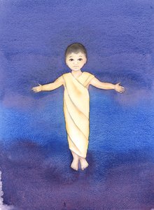 Jesus Kristus er sand Gud, som påtog sig vores menneskelige natur og havde ydmygheden og godheden til at komme iblandt os som et spædbarn, 2003 (w/c på papir) af Elizabeth Wang