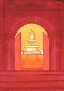Jesus Kristus er virkelig til stede i det hellige sakramente i tabernaklet, 2004 (w/c på papir) af Elizabeth Wang