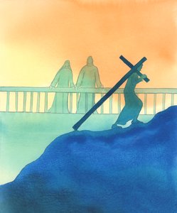 Jesus og Maria ser på os med ømhed, mens vi følger vores egen korsvej, 2000 (w/c på papir) af Elizabeth Wang