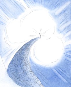 Jesus, i hjertet af Guddommen, gøres glad ved vores ærbødighed og ved vores lovprisning af Faderen i Åndens kraft. Han venter på os., 2001 (w/c på papir) af Elizabeth Wang