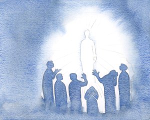 Jesus flammer i himlen med renhed og kraft, 2000 (w/c på papir) af Elizabeth Wang