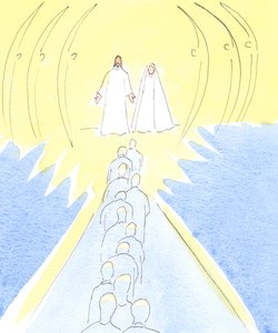 Jesus korsfæstet venter ved himlens port, med sin mor Maria og de hellige engle, 2000 (w/c på papir) af Elizabeth Wang