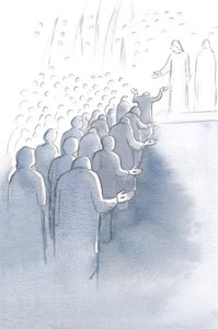 Jesus korsfæstet venter ved himlens port, med sin mor Maria og de hellige engle, 2000 (w/c på papir) af Elizabeth Wang