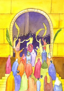 Jesus går ind i Jerusalem i procession (palmesøndag), 2001 (w/c på papir) af Elizabeth Wang