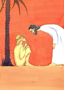 Jesus helbreder den blinde mand, 2001 (w/c på papir) af Elizabeth Wang