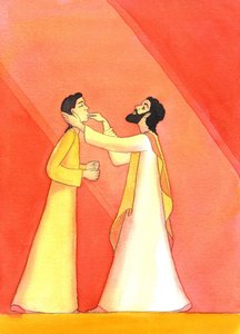 Jesus helbreder den døve mand, mens han løfter sine øjne mod himlen, i bøn, 2001 (w/c på papir) af Elizabeth Wang