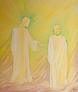 Jesus ærer Sankt Josef sin plejefar og beder os om at beundre hans dyder og bede om hans bønner, 2000 (olie om bord) af Elizabeth Wang