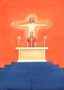 Jesus er til stede hos os ved messen og beder til Faderen på vores vegne, om hjælp til vores behov og om evig frelse. Vi kan forene alle vores bønner med hans store offerbøn, 2004 (w/c on pa af Elizabeth Wang
