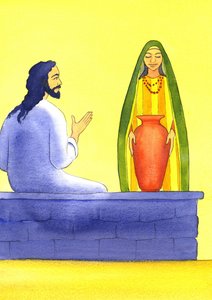 Jesus møder den samaritanske kvinde ved brønden, 2001 (w/c på papir) af Elizabeth Wang